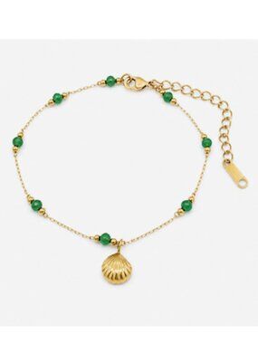 18K Gold Plated Green Bead Seashell Charm Bracelet Coastal Beach Luxe NEW